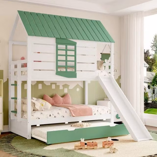 Letto a castello a forma di casa con scivolo e letto estraibile, 90x200 cm, bianco/verde