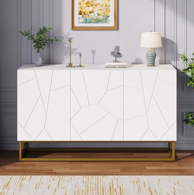 Credenza moderna bianca lucida con design geometrico per sala da pranzo, L: 130 cm