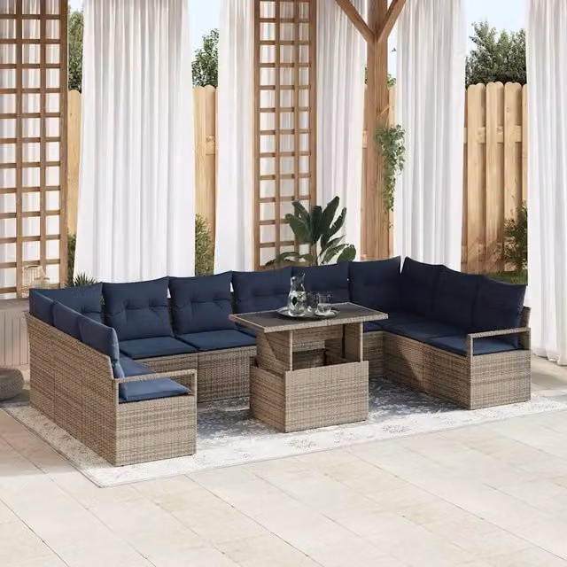 Set Divano da Giardino vidaXL a forma a U composto da 11 pezzi con tavolino e pouf, colore grigio e blu, struttura in acciaio verniciato a polvere e tessuto resistente ai raggi UV – 1