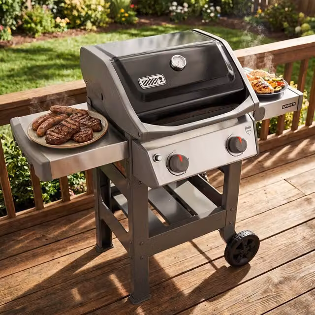 Barbecue a gas Weber Spirit II E-210 GBS con 2 bruciatori da 7 KW, coperchio in acciaio e griglia in ghisa, colore grigio