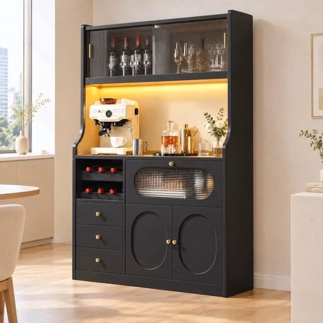 Credenza alta da cucina 120x40x180 cm con LED RGB; ante in vetro; portabottiglie e 3 cassetti; nera