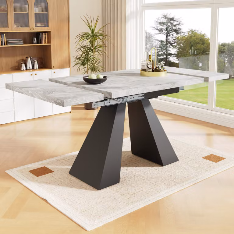 okwish Tavolo da pranzo, tavolo da cucina, tavolo telescopico (99-159×74 cm), tavolo da pranzo allungabile, tavolino da conferenza per l'ufficio domestico e il soggiorno, piano grigio con gambe a colonna, Nero + Grigio