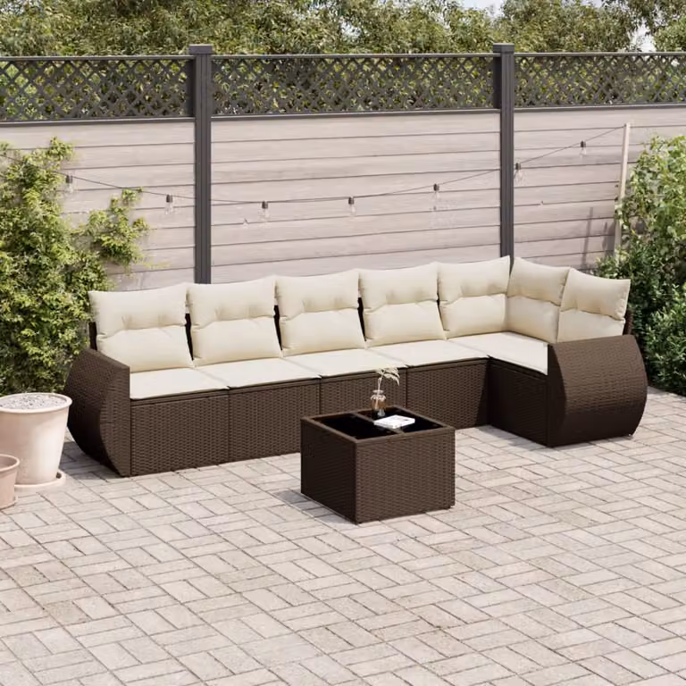 Set di divani da giardino vidaXL 7 pezzi in polyrattan marrone con cuscini e tavolino da esterno a forma di L