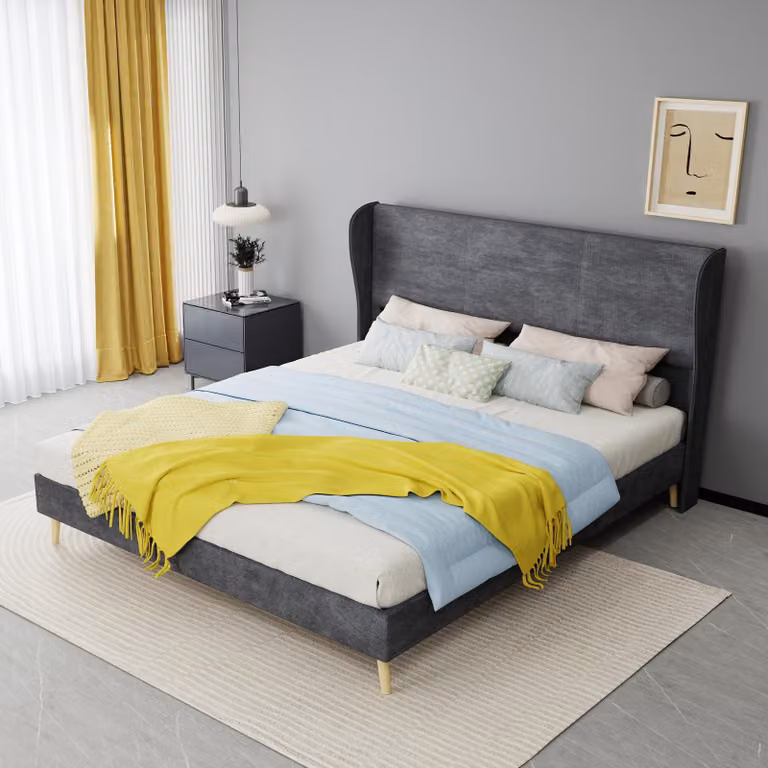 Letto imbottito 160x200 cm con spazio contenitore, porte USB-C e prese di corrente, struttura in tessuto simile al lino con poggiatesta regolabile e rete a doghe