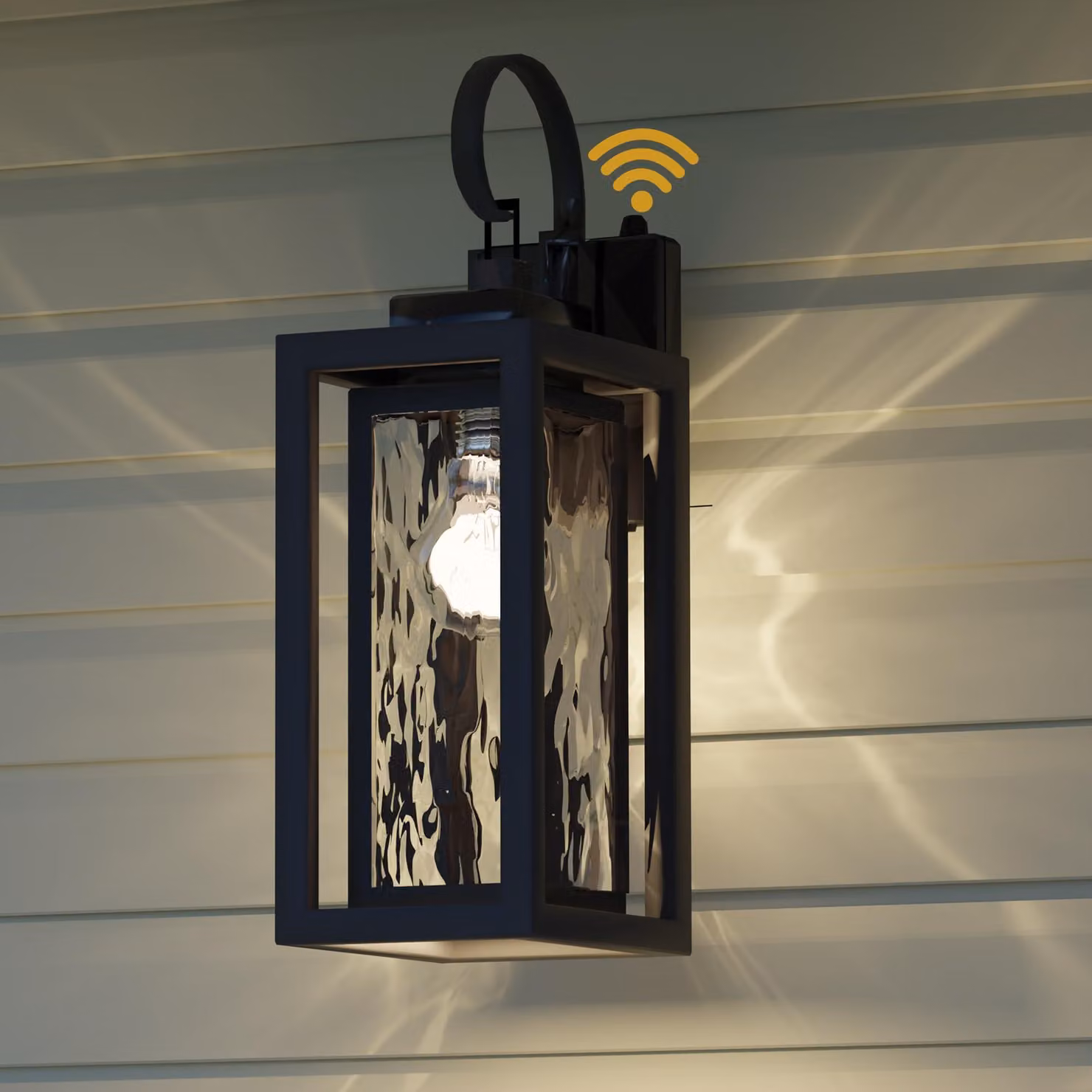 Lampada da parete esterna con sensore di luce, attacco E27, vetro effetto ondulato, 60 W, colore nero