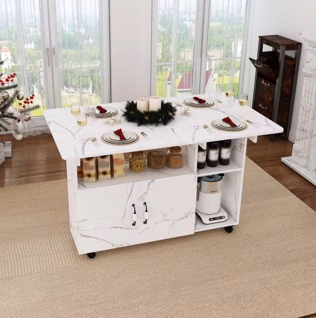 Tavolo pieghevole mobile 3 in 1 con ruote e ripiani, bianco