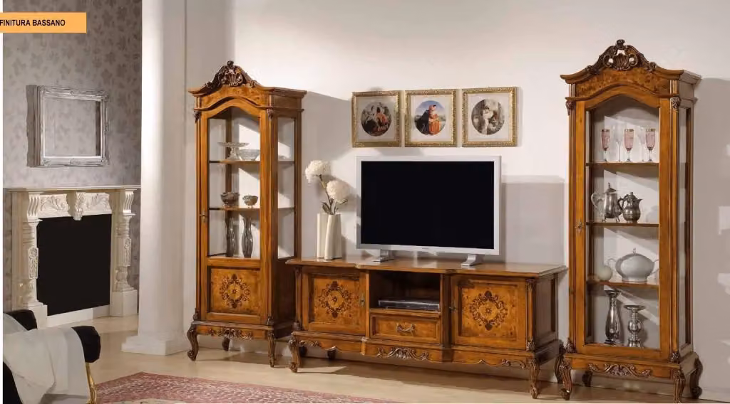 Parete attrezzata classica 700 in legno di pino con dettagli in vetro, Mobili 2G, tinta noce – 2