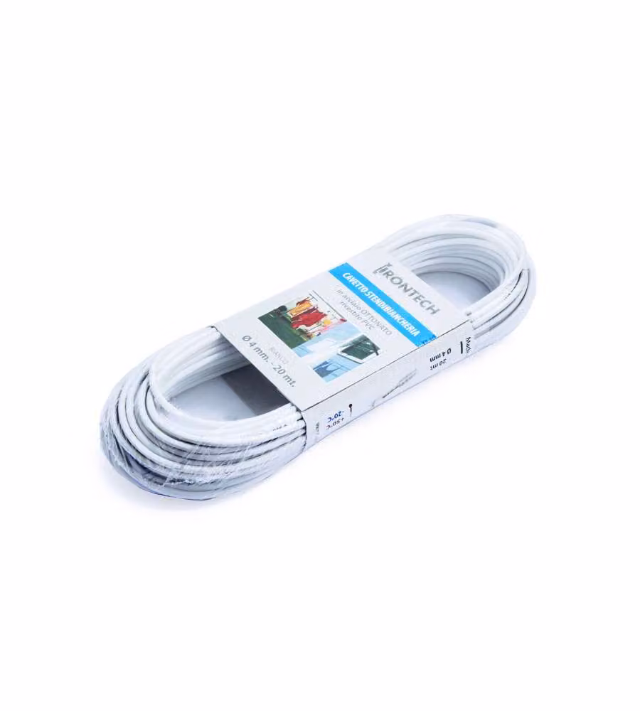 Cavo stendibiancheria Diam. 4 mm. in acciaio ottonato rivestito PVC bianco 20 mt.