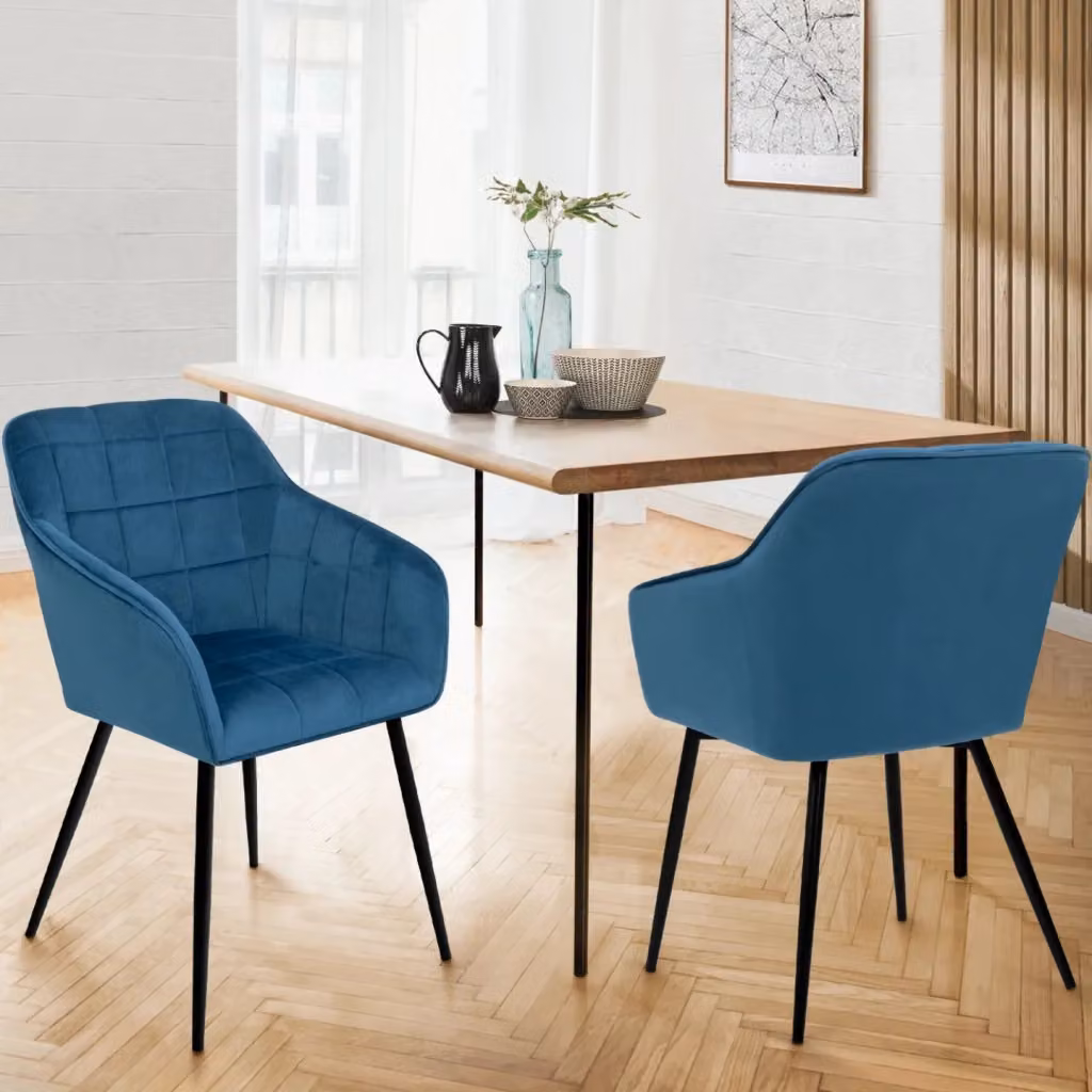 Set di 2 sedie MADY in velluto blu con braccioli e struttura in metallo nero per soggiorno e sala da pranzo – 2