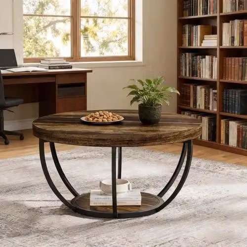 Tavolino basso rotondo Mivray in legno e metallo marrone stile rustico a 2 livelli – 2