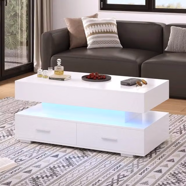 Tavolino da Caff¨¨ Regolabile in Altezza con LED e Cassetti ¨C MINIMAL ¨C Bianco