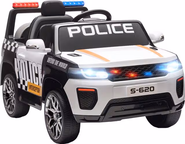 Auto Elettrica per Bambini AIYAPLAY a Tema Polizia con Telecomando, Motore Doppio, Sirena, Sospensioni e Fari, Colore Bianco