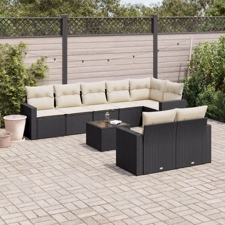 vidaXL Set Divani da Giardino 9 pz in Polyrattan con Cuscini e Tavolino da Esterno Nero e Bianco