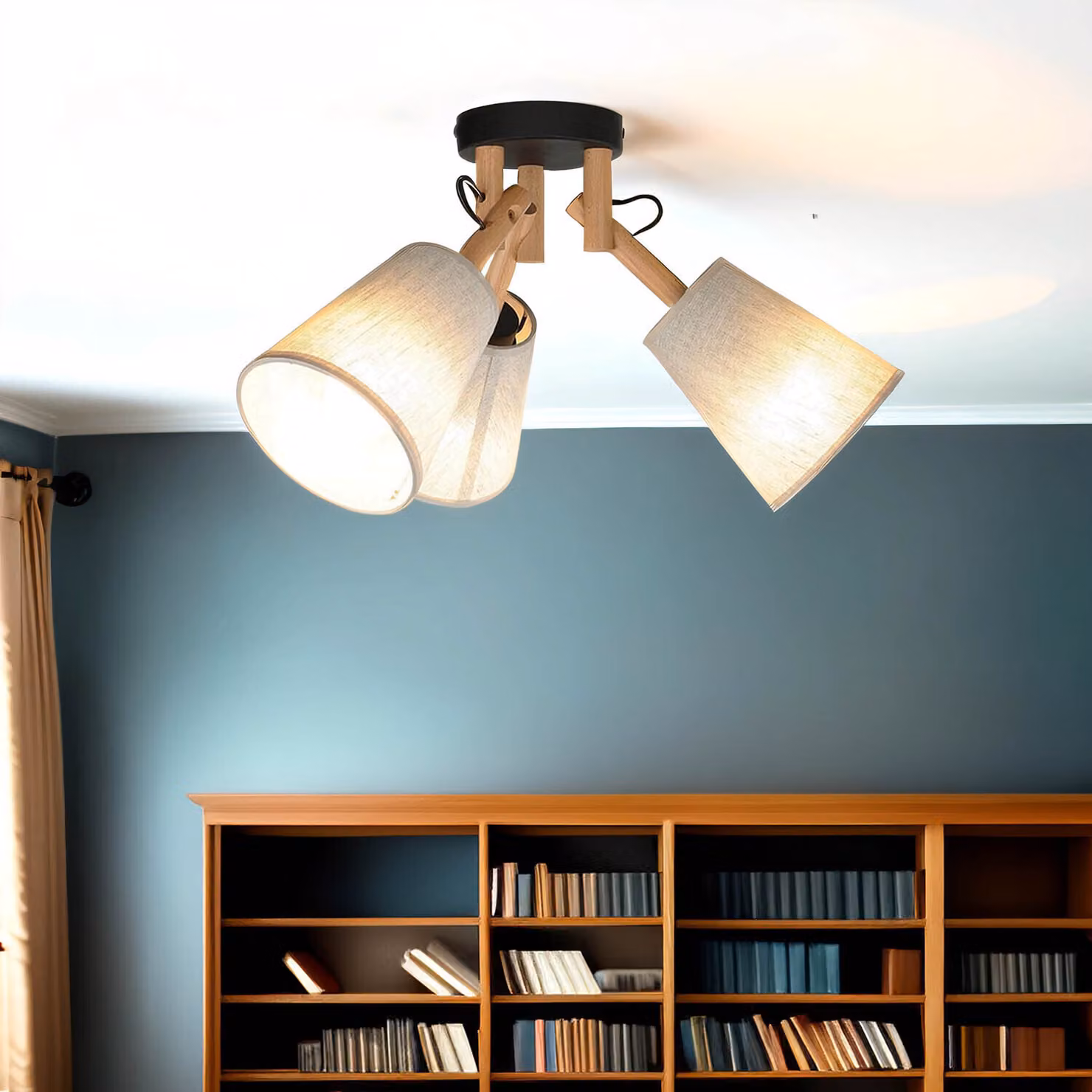 Lampada da soffitto Tessuto Legno Metallo L: 46 cm H: 30 cm E27 3 luci Plafoniera Soggiorno Sala da pranzo