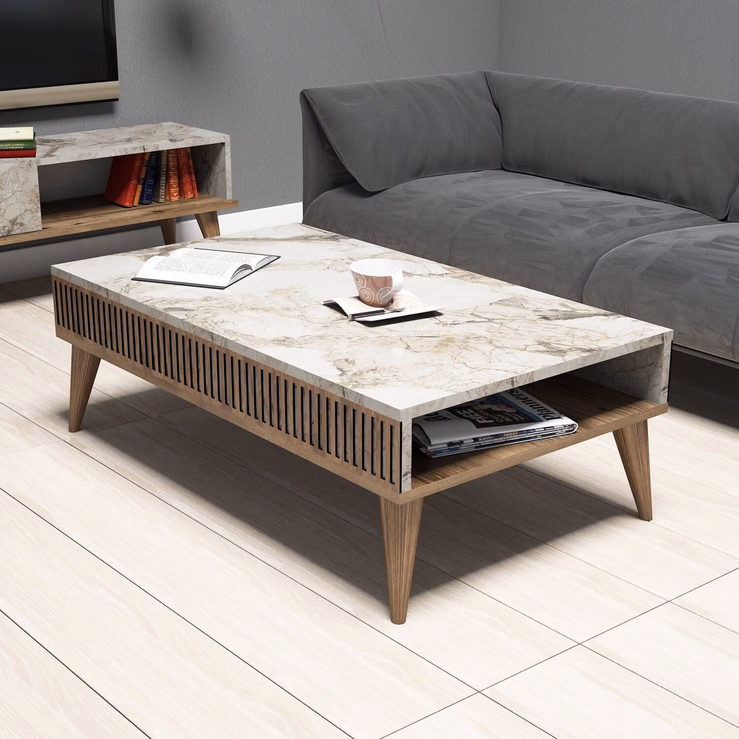 Skye Decor, Milano - Noce, Marmo bianco, tavolini, noce, 105 x 34,6 x 60 cm