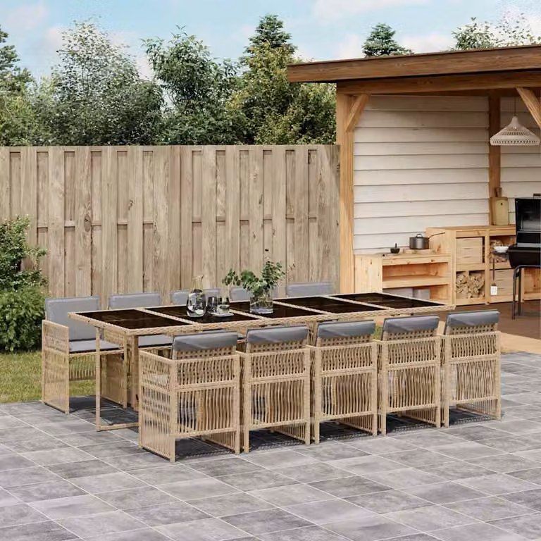 Set da Pranzo da Giardino vidaXL in Polyrattan Grigio e Nero con Cuscini e Tavolo in Vetro, 11 Pezzi