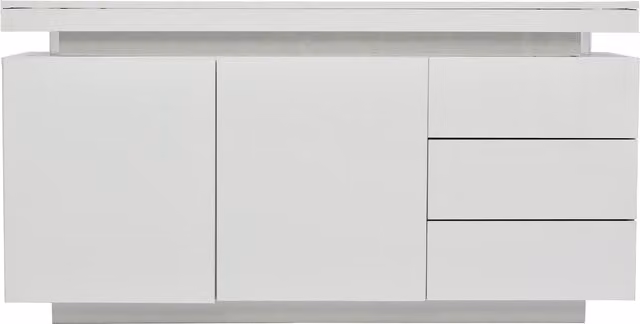 Madia moderna laccata lucida bianca con 2 ante e 3 cassetti, L: 140 cm, P: 35 cm, H: 72,5 cm