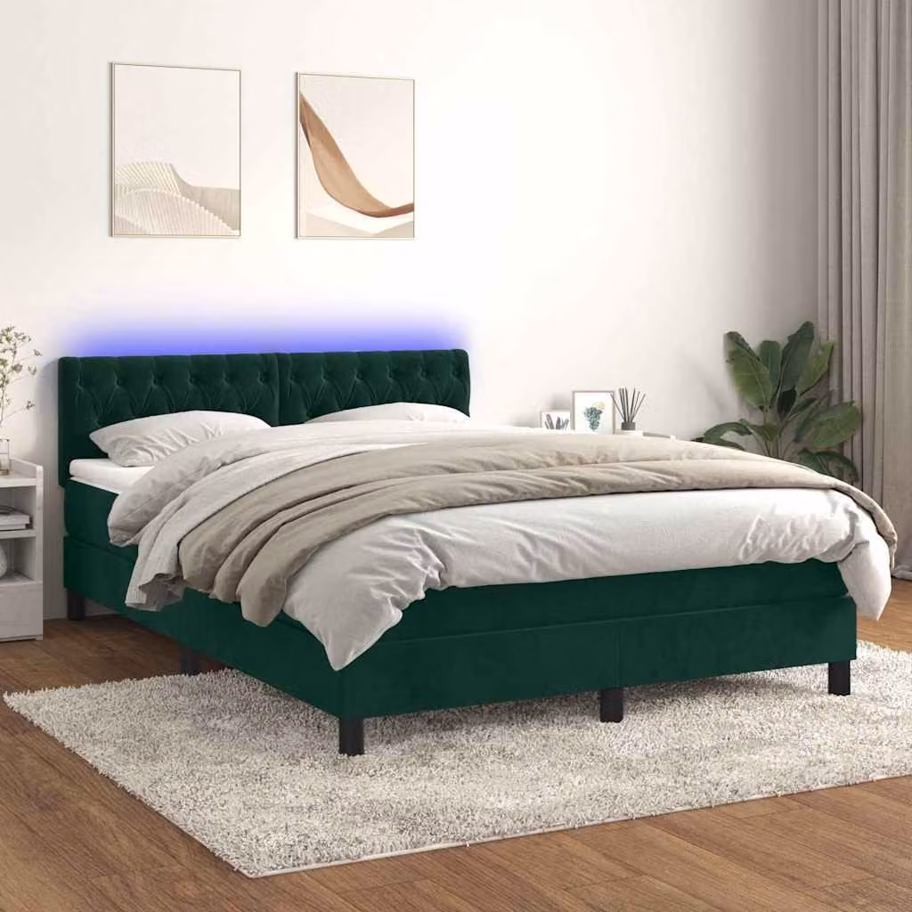 Letto a Molle con Materasso e LED vidaXL in Velluto Verde Scuro L/P/H: 140 x 200 x 88 cm – 1