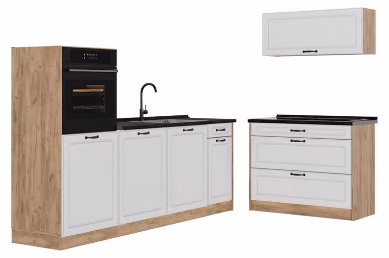 Cucina componibile Vicco R-Line Bianco country/Rovere dorato 220 cm senza piano di lavoro, Model 68133