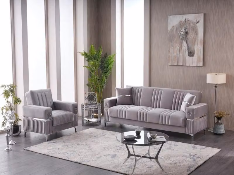Komplette Dreisitzer Couch Sessel Stoff 3 Sitzer Sofa Beige Set 2tlg