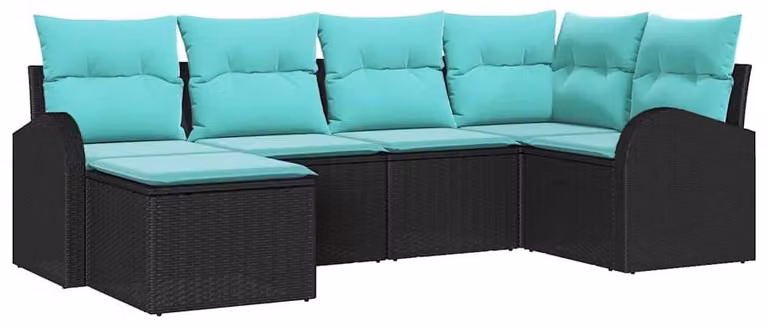 Set di divani da esterno, 6 pezzi, in rattan sintetico nero e turchese