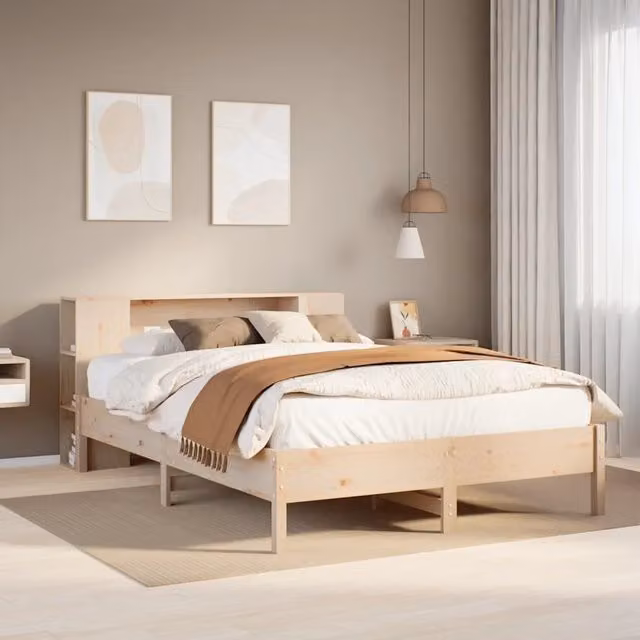 Letto Libreria vidaXL in Legno di Pino Naturale con Ripiani Laterali Marrone L: 141 cm, P: 190 cm, H: 82 cm