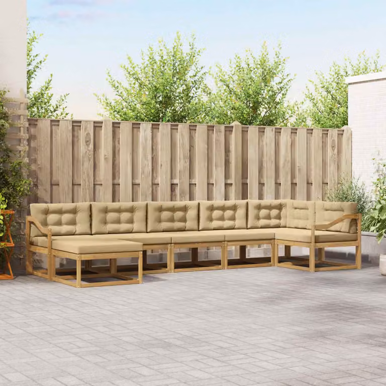 Set di divani da giardino vidaXL a forma di L composto da 7 pezzi in legno di acacia con cuscini in tessuto bianco, beige e marrone