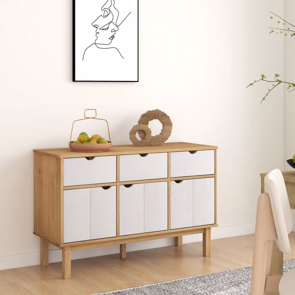 Credenza scandinava vidaXL OTTA in legno di pino cerato, Marrone e Bianco, L 114 x P 43 x H 73,5 cm