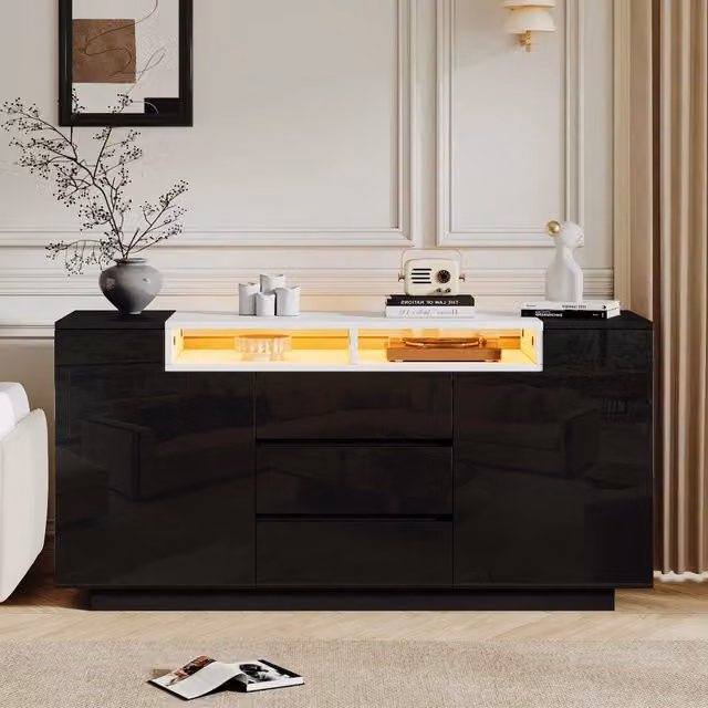 Madia da soggiorno con 2 ante a L 3 cassetti vani regolabili LED frontale lucido nero 140 × 40 × 68 cm