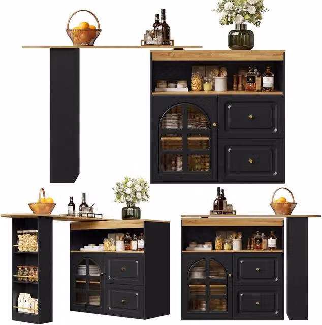 Mobile bar da cucina girevole a 360 gradi, credenza nera in MDF, allungabile da 138 a 204 cm
