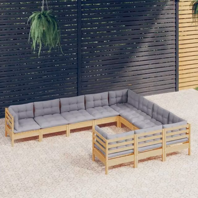 Set Divani da Giardino 10 pz con Cuscini Grigi Massello di Pino 3096994