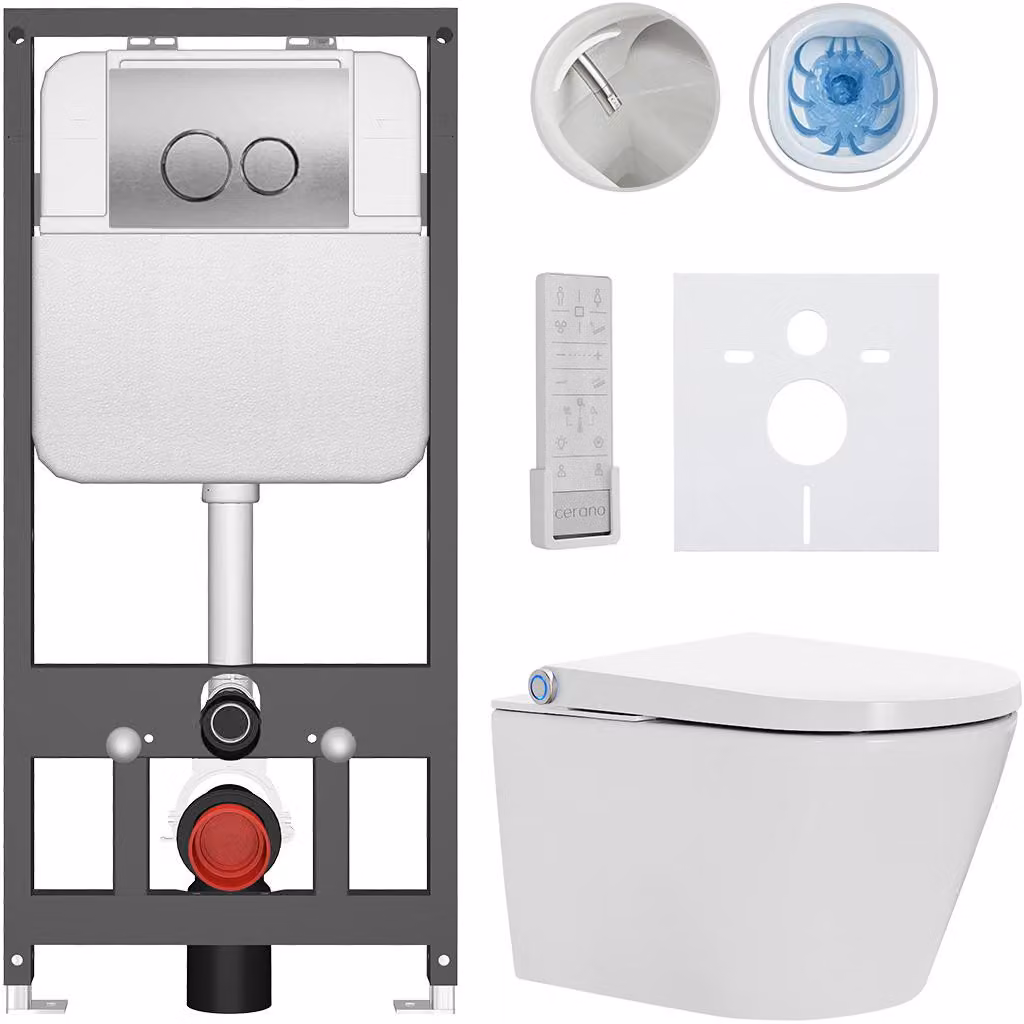 WC sospeso con bidet Basic/Cronus Premium - bianco lucido - pulsante WC Dualo/Argento - sospeso - installazione a parete - 59,3x38,4 cm