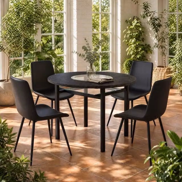 Set tavolo rotondo Ø 100 cm con sedie; piano MDF e inserti in vetro; struttura in metallo