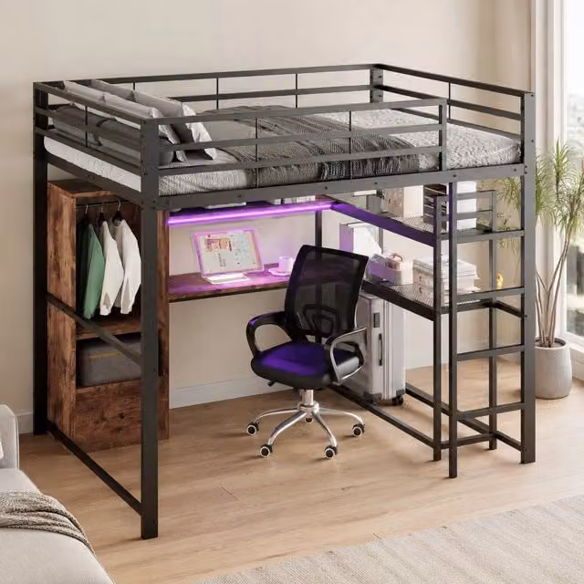 Letto a soppalco in metallo 140x200 cm con scrivania, LED multicolore, cassetto e ripiani, colore nero, senza materasso