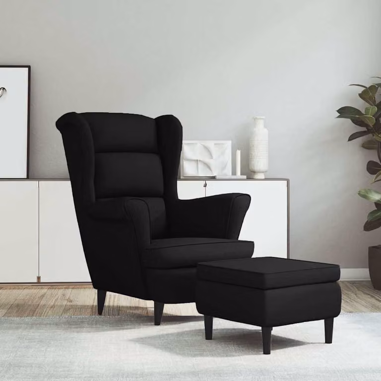 vidaXL Poltrona con Schienale ad Ala e Poggiapiedi Integrato in Velluto Nero con Struttura in Legno e Schiuma, L/P/H: 96.5 x 78.0 x 90.0 cm
