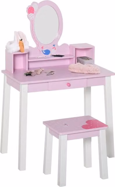Set Tavolo da Trucco per Bambine HOMCOM in Legno con Specchio e Sgabello, Rosa