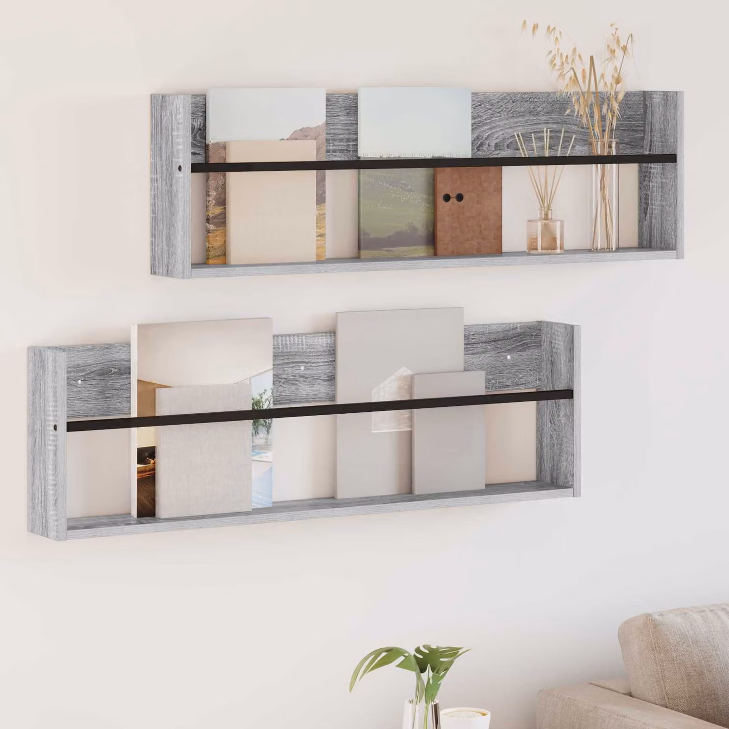 Set di 2 Scaffali per riviste da parete vidaXL Grigio, L 100 x P 12 x H 30 cm