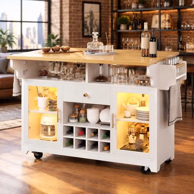Carrello da cucina con luce LED RGB, ripiani regolabili, tavolo pieghevole e portabottiglie, altezza ergonomica 95 cm, bianco