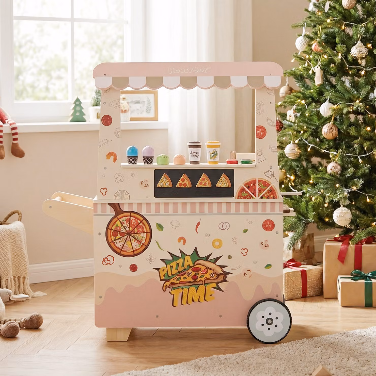 Costway Carretto gioco camion della pizza in legno rosa con forno, cassa e lavagna magnetica per bambini