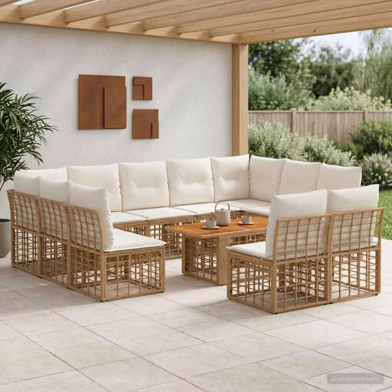 Set Divano da Giardino vidaXL a forma a U in Polyrattan con Cuscini, Colore Naturale e Bianco Crema