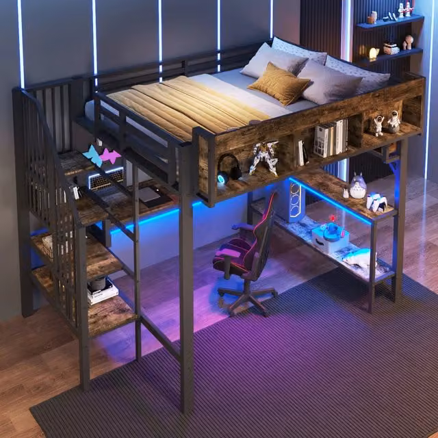 Letto a soppalco 140 x 200 cm vintage marrone-nero con scrivania ad angolo, contenitore e pannello forato, presa USB Type-C e LED, EN747