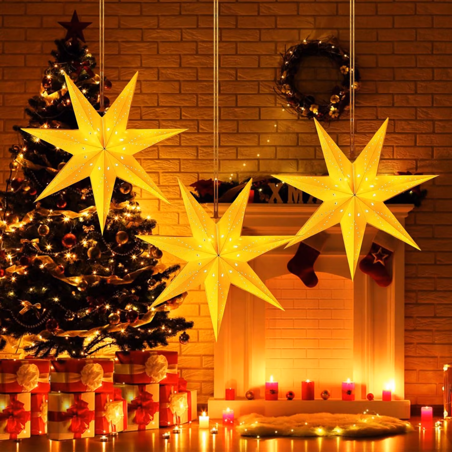 3 stelle di carta, 35/45 cm, con luci LED, decorazioni natalizie