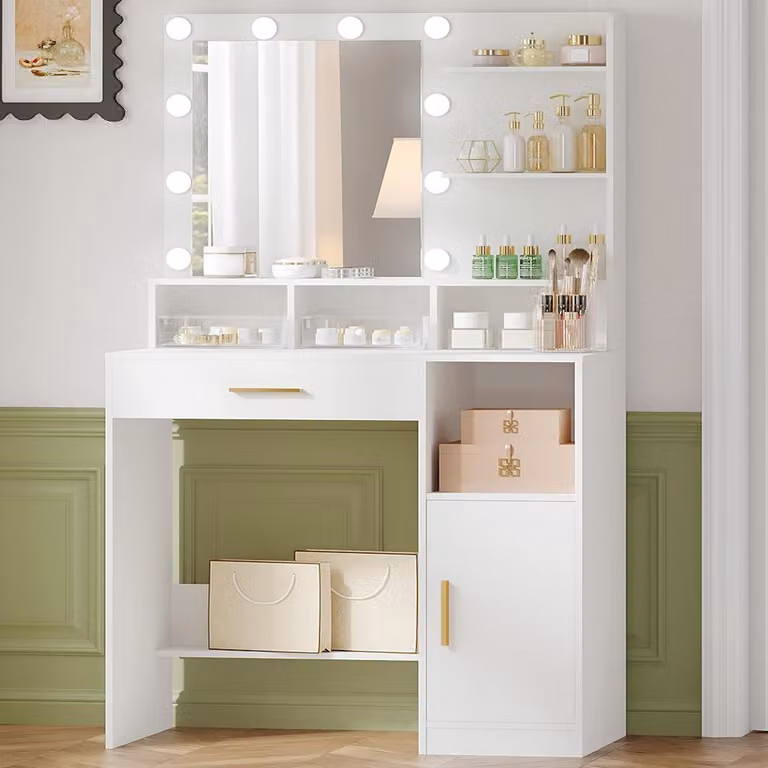 Comò da trucco con specchio e illuminazione a LED, bianco, dotato di 3 ripiani, 4 scomparti, cassetti e armadietti, con intensità luminosa regolabile
