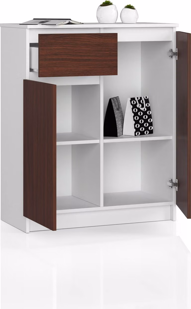 BDW, cassettiera 1 cassetto e 2 ante, 80x99x40 cm, credenza, bianco - wengé