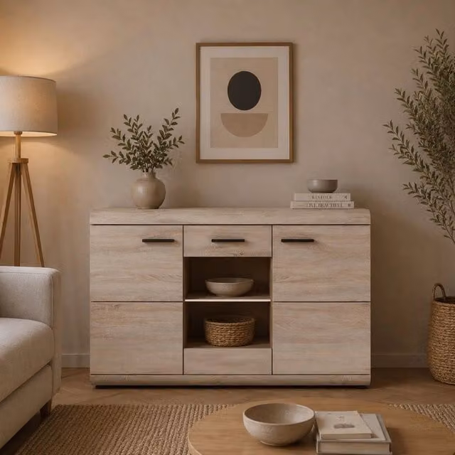 Madia Hami DMORA con 3 ripiani, colore marrone rovere, L/P/H: 120 x 42 x 87 cm – 1