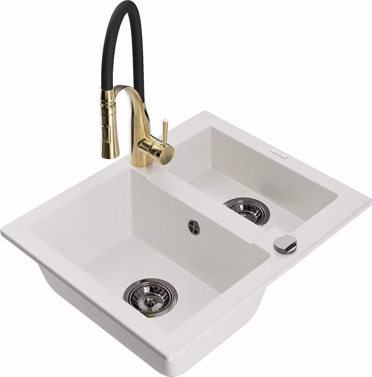 Mexen Carlos lavello in granito 1,5 vasche con miscelatore da cucina Aster, bianco - 6518-20-73450-57-B