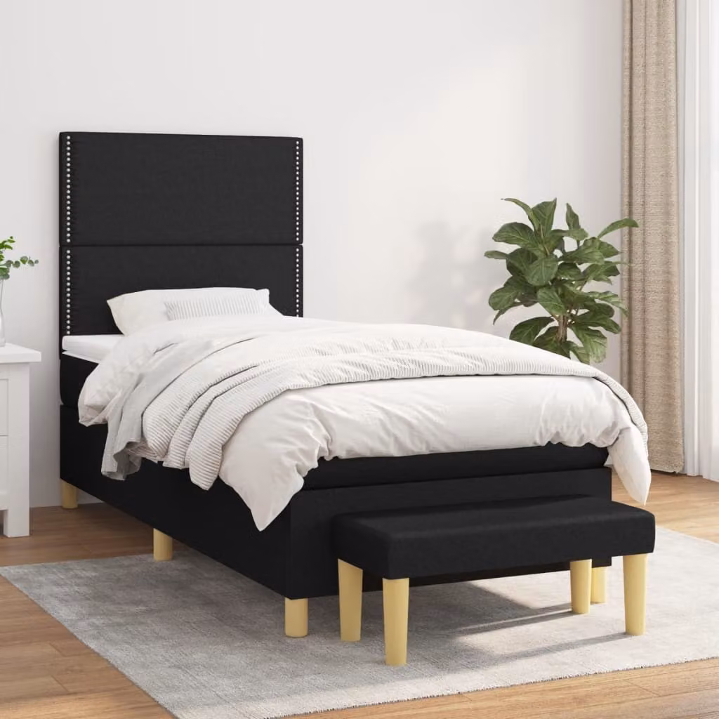 The Living Store Letto a molle con materasso nero 100x200 cm in tessuto