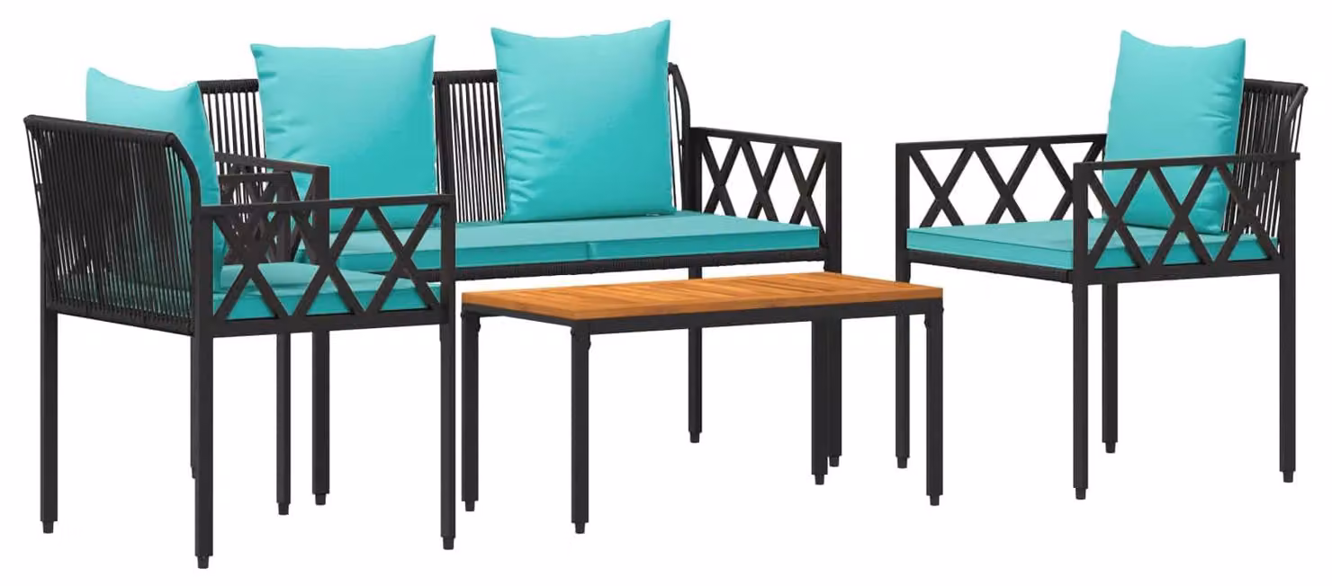 Set di mobili da giardino, 4 pezzi, colore nero e turchese, in rattan sintetico