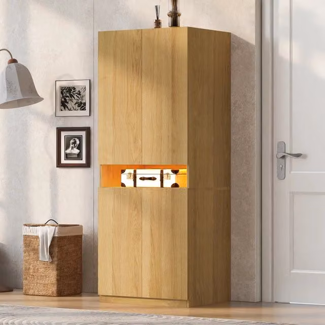 Armadio guardaroba a 2 ante 70x55x180 cm con vano LED; MDF effetto legno