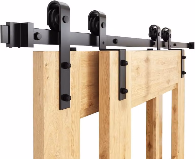 Kit completo per porta scorrevole a due ante, sistema di scorrimento per porte scorrevoli, colore nero. Kit di montaggio per porta scorrevole a due ante, larghezza 76 cm. (Senza porta)